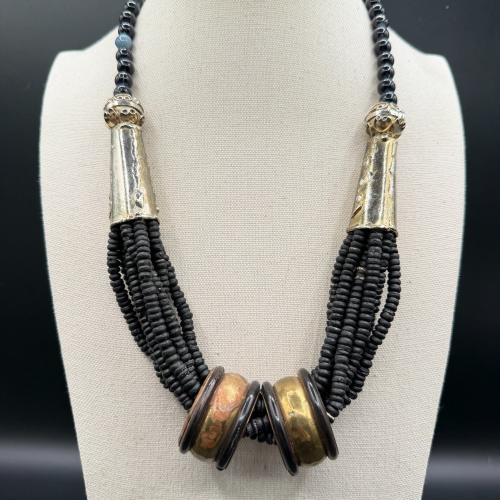 Black Multi Strand Disc Bead Necklace Mixed Metal Boho Tribal Statement Vintage